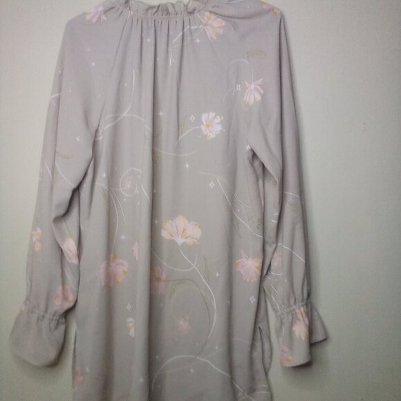 Kaari Blue Shirt Blouse L Long Sleeve Ruffle V-Neck Floral Tan Pink - Picture 7 of 16